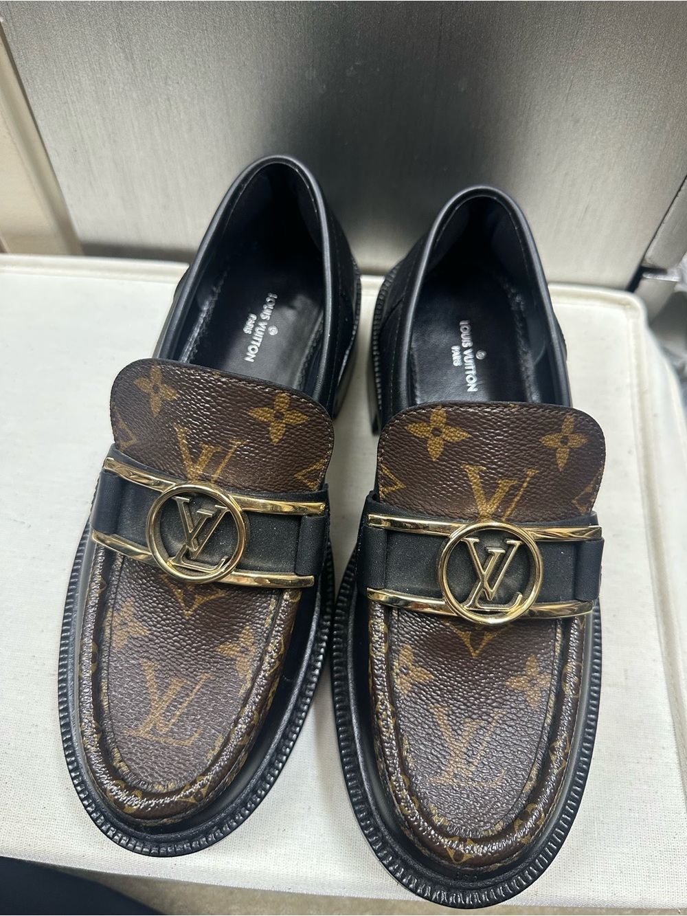 Louis Vuitton Brown Monogram & Black Leather Logo Loafers
